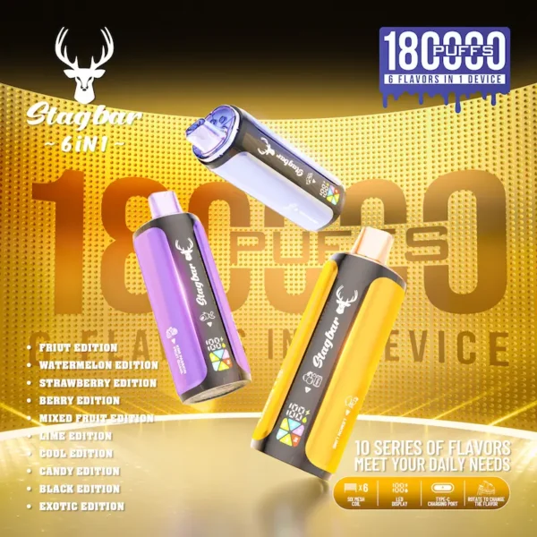 Stag Bar 6 in 1 180000 – rewolucyjny vape 6-smakowy o rekordowej pojemności 108ml | JednoPuff.pl